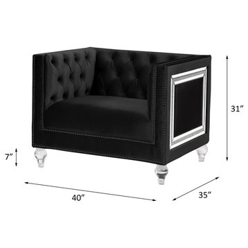 Elegant Accent Chair, Velvet Seat With Mirrored Accents and Acrylic Legs, Black