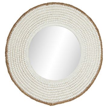 Large, Round Decorative Wall Mirror with White Shell Frame