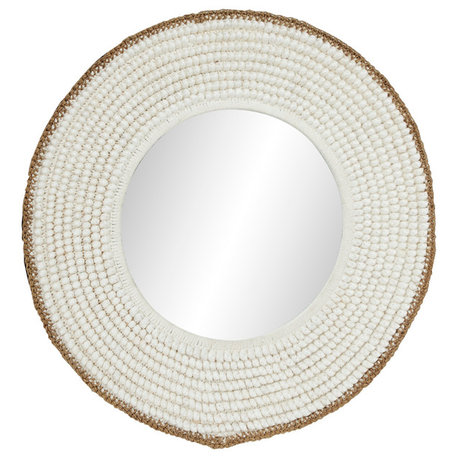 Large, Round Decorative Wall Mirror with White Shell Frame