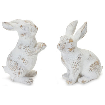 White Washed Rabbit Figurine, 2-Piece Set