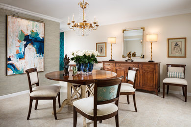 Inspiration for a mid-sized timeless ceramic tile and beige floor great room remodel in Jacksonville with white walls and no fireplace