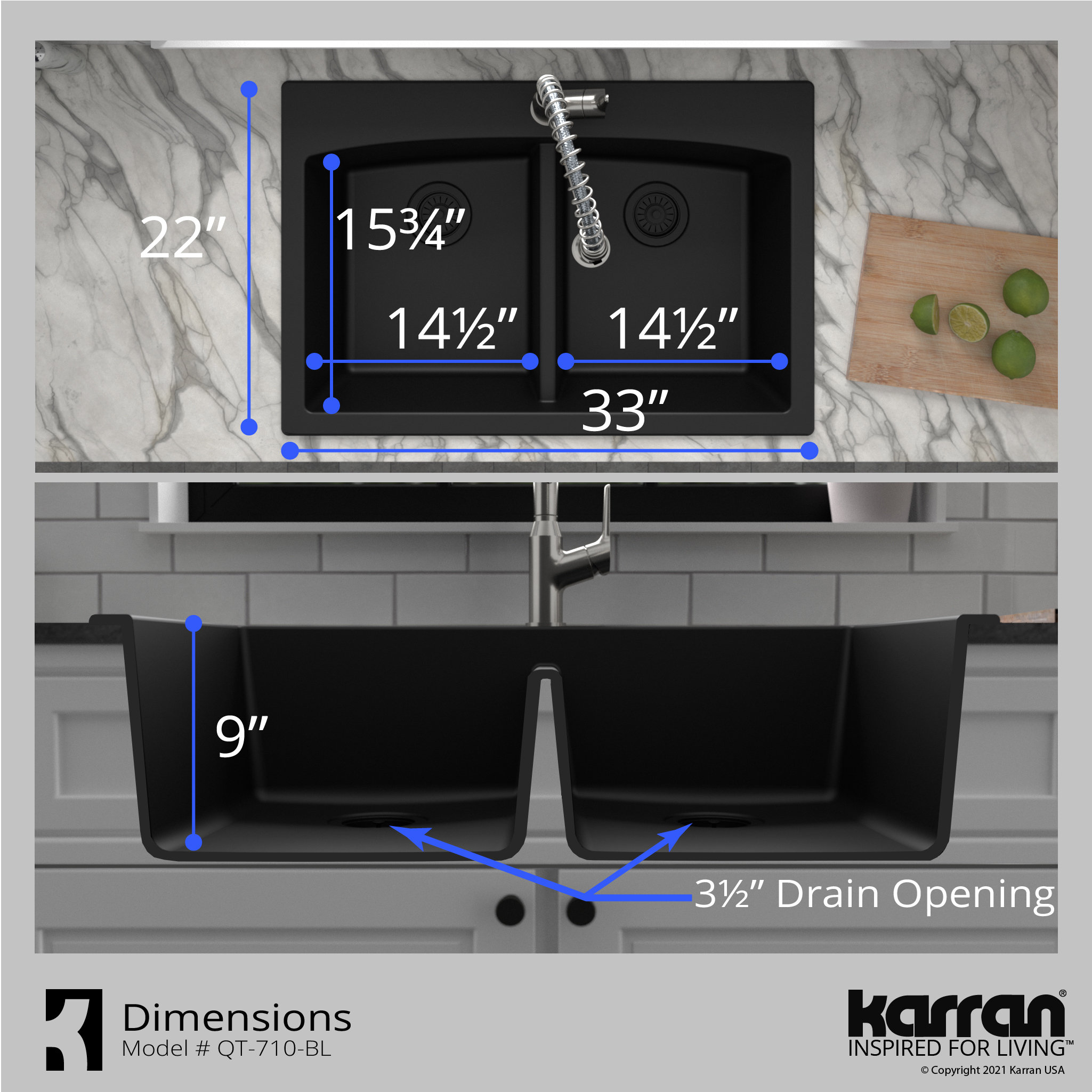 Karran Drop-in Quartz 33" 1-Hole 50/50 Double Bowl Sink Kit, Black