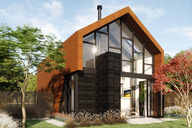 Diseño de fachada minimalista pequeña de dos plantas con revestimiento de metal, tejado a dos aguas, microcasa y tejado de metal