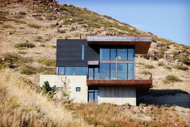 This is an example of a modern three-storey concrete black house exterior in Denver with a flat roof.