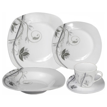 Porcelain 20 Piece Square Dinnerware Set Service for 4, Grey Tone Floral