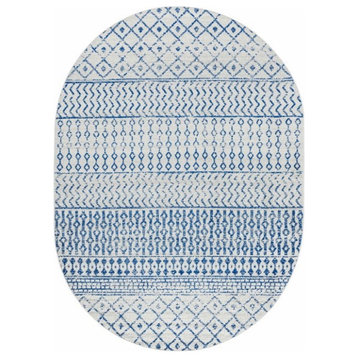Bohemian Area Rug, Moroccan Geometric Pattern, Gray-Blue/6'7" X 9' Oval