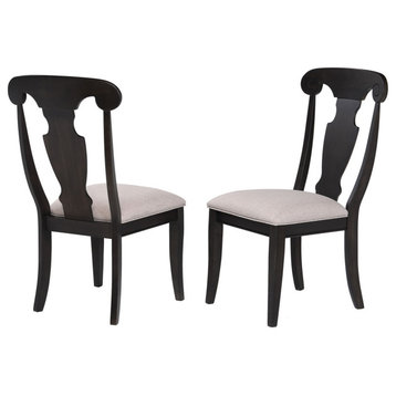 Black Wood Fiddleback Dining Side Chairs With Cream Polyester Seats, Set of 2