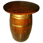 Master Garden Products - Oak Wine Barrel Bar Table with 36" Teak Round Table Top - Our oak wood wine barrel pedestal tables are made from recycled wine barrels from our local winery in the Northwest. The barrel cabinet has 2 sets of doors, front, and back. With a built-in wine glass rack, and space to hold 16 bottles of wine, this unique piece will surely be garner compliments and become a talking point in your home or business. The teak wood tabletop showcases the teak's natural grain and shine. The table is finished with two coats of semi-gloss polyurethane to enhance its appearance as well as for extra protection. Barrel Dimensions: 26"D x 35"H Table Top: 36" D Table Top Height: 42"