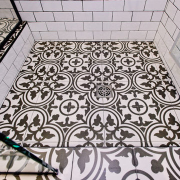 Floral-Pattern Shower Floor with Square Drain and Tiled Curb | Downtown Toronto