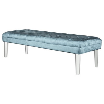 Contemporary Accent Bench, Elegant Acrylic Legs With Soft Tufted Seat, Cyan
