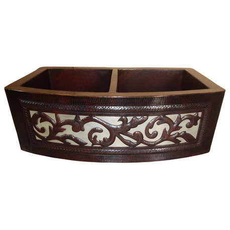 Apron Front Farmhouse Kitchen Mexican Copper Sink Leaf Guide 50/50