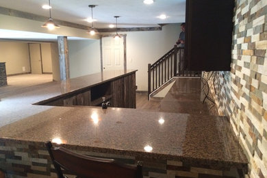 Wet bar - large contemporary galley wet bar idea in Other with open cabinets and multicolored backsplash