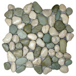 CNK Tile - Glazed Sea Green and White Pebble Tile - Each pebble is carefully selected and hand-sorted according to color, size and shape in order to ensure the highest quality pebble tile available. The stones are attached to a sturdy mesh backing using non-toxic, environmentally safe glue. Because of the unique pattern in which our tile is created they fit together seamlessly when installed so you can't tell where one tile ends and the next begins!