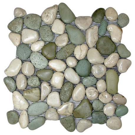 Sea Green & White Glazed Pebble Tile: Finely sorted stones for décor