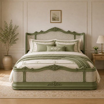 French Country Cane Bed | Louis XV Hand-carved Wood Bed Frame