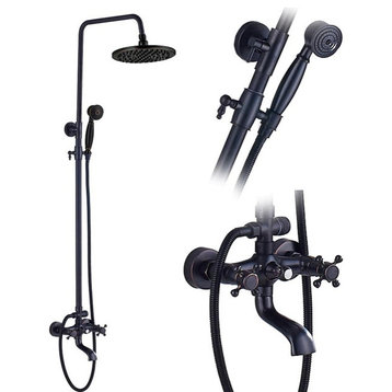 Black Rainfall Shower Mixer Faucet Wall Mounted System With Handshower, C