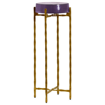 Jolly Rancher Disk Top Drink Table With Gold Metal Base, Clear Purple Haze