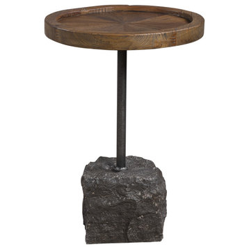 Luxe Rustic Chiseled Stone Block Round Accent Table Reclaimed Wood Sunburst Top