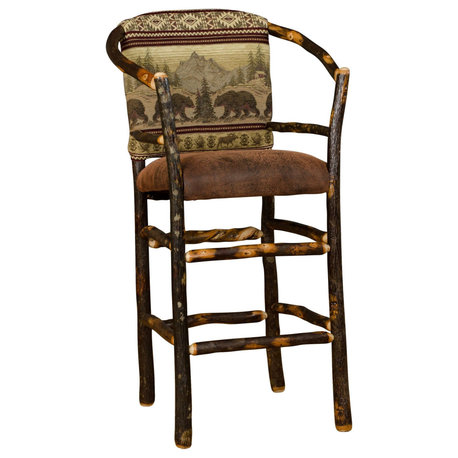 Hickory Log Hoop Barstool with Faux Brown Leather Seat, Set of 2, 24 Inch, Bear Mountain