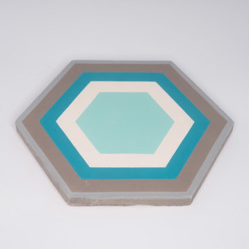 8"x9" Menara Handmade Cement Tile, Teal/ Gray/Brown/Light Green,Set of 12