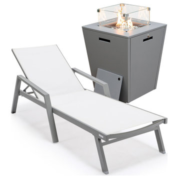 LeisureMod Marlin Chaise Lounge Chair With Arms and Fire Pit Table, White