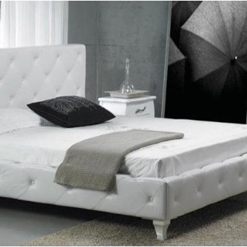 Monte Carlo - White Leatherette Modern Bed with Crystals