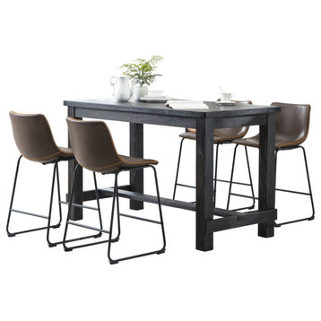 Pub Set, Large Table & Metal Legs Chairs With Padded Leather Seat, Brown/Gray