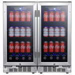 EdgeStar - EdgeStar CBR902SGDUAL 30"W 160 Can Built-In Side by Side Beverage - Stainless - NOTE: This product is comprised of (2) refrigerators, requiring (2) separate plugs. The two separate units generally arrive at the same time, but may arrive separately. The installation depicted in the product&#39;s imagery requires the reversal of (1) doors hinging. Features: This is a set of two 15 inch wide coolers, both of which are shipped right-handed. To get the pictured French door configuration, you will need to reverse the door on one of the units using the included installation instructions. Fan Circulated Cooling: Less likely to produce cold spots than plate-cooled units Built In and Freestanding Capabilities: Fan-forced front ventilation allows this unit to be installed flush with surrounding cabinetry in an undercounter installation or optionally installed as free standing Digital Controls: Soft touch buttons and an digital display make choosing a temperature setting a breeze Rubber Bushing Installed Compressor: Compressor-based cooling produces results that other units just can&#39;t compete with, bring your beverages to the perfect temperature quickly -- rubber bushings dampen the usual noisy hum produced by many other coolers Glass shelves and an impressive blue LED cast your beverages with adequate lighting for easy viewing of your beverages being stored Soft touch buttons and an digital display make choosing a temperature setting a breeze Temperature Range: 38 - 65°F For Built-In installations, please allow a minimum of 1" to 2" of clearance at the back for proper ventilation and service access. Unit must be installed in an area protected from the elements, (wind, rain, etc.), and that allows unit to be pulled forward for servicing. (See Owner&#39;s Manual for more details) Manufacturer Warranty: 1 Year Labor, 1 Year Parts Specifications: Width: 30" Height: 32" Depth: 23-1/2" (25-1/4" w/ handle) Installation Type: Built-In or Free Standing Can Capacity (12 oz.): 160 Bulb Type: LED Defrost Type: Automatic Door Alarm: Yes Door Lock: Yes Reversible Door: Yes With Casters: No