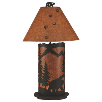 Large Kodiak and Rustic Brown Bear Scene Table Lamp With Nightlight