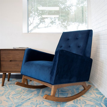 Pemberly Row Mid-Century Modern Tight Back Velvet Rocking Chair in Blue