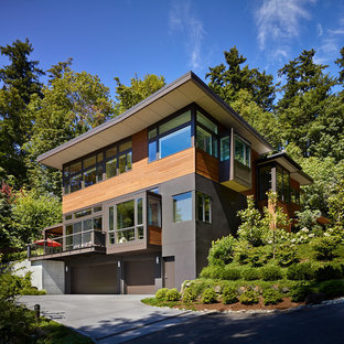 シアトルのコンテンポラリースタイルのおしゃれな家の外観 (混合材サイディング、マルチカラーの外壁、陸屋根、戸建、緑化屋根) の写真