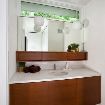 Horizontal Grain Flat Panel Teak Floating Vanity with Zodiac Cloud White Counter