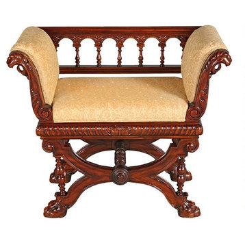 Antique Replica Handcarved Solid Mahogany Double Griffin Bench Side