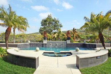 Hot tub - large contemporary backyard concrete paver and custom-shaped natural hot tub idea in Orange County