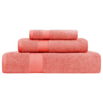 3 Piece Cotton Zero Twist Hand Bath Towel Set, Coral