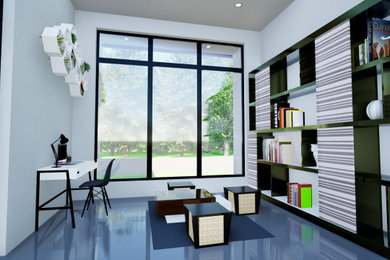 Home office - mid-sized modern light wood floor home office idea in Dallas with white walls