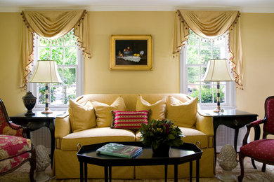 Mid-sized elegant formal and open concept light wood floor and brown floor living room photo in New York with yellow walls, no fireplace and no tv