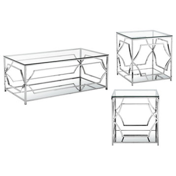 3-Piece Edward Rectangular Living Room Table Set, High Polish Steel
