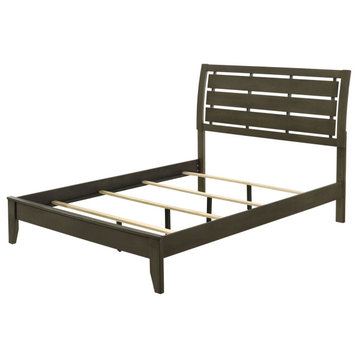 Contemporary King Platform Bed, Unique Curved Slatted Headboard, Gray Finish