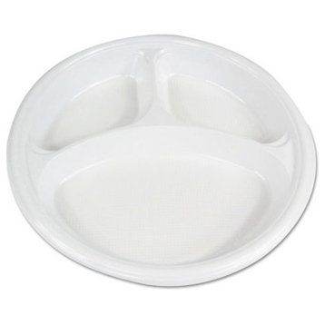 Hi-Impact Plastic Dinnerware, Plate, 10" Dia., 3 Compartments, White, 500-Carton