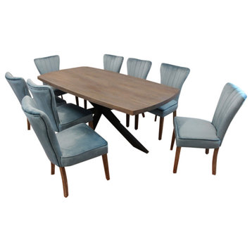 Felix 9-Piece Dining Set With 82" Dining Table and 8 Teal Velvet Chairs