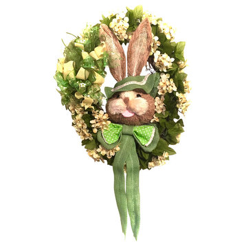 Spring Hydrangea Outdoor Oval Easter Bunny Wreath, Green, Cream, and Yellow