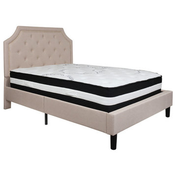 Brighton Full Tufted Upholstered Platform Bed, Beige Fabric, Pocket Mattress
