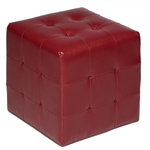 Cortesi Home - Braque Cube Ottoman, Red - The Braque cube ottoman  is an easy way to update the look of your home. It is upholstered in a leather like vinyl featuring square tufting on all sides.  It also features plastic non marking feet and is lightweight yet durable.