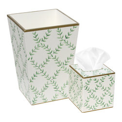Green Trellis on Ivory Wastebasket and Tissue Box Set - Bathroom Accessories