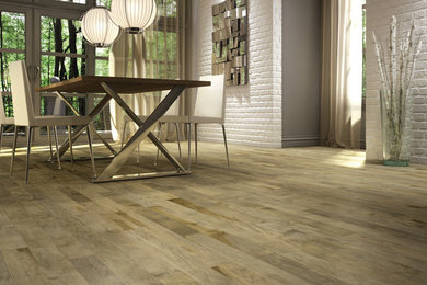 Inspiration for a mid-sized transitional light wood floor and brown floor kitchen/dining room combo remodel in Toronto with gray walls