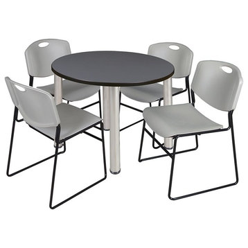 Kee 42" Round Breakroom Table, Gray/Chrome and 4 Zeng Stack Chairs, Gray