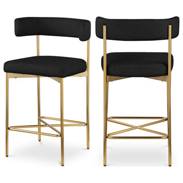 Rivage Durable Linen Textured Fabric Stool (Set of 2), Black, Brushed Gold