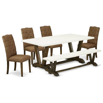 East West Furniture V-Style 6-piece Wood Dining Set with Fabric Seat in Brown