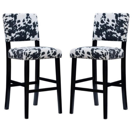 Home Square 2 Piece Cow Print Wood Bar Stool Set in Black